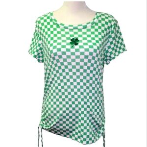 Mighty Fine Green Checkered Cinch Side Baby Doll Tee w/Embroidered Shamrock SZ M